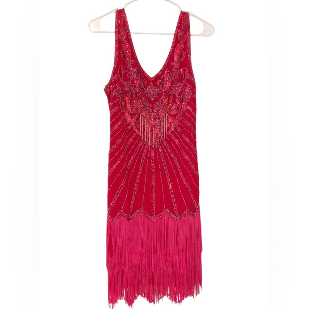 Vintage Hot Pink Fringe Sequin Beaded Sleeveless Flapper Style Dress Sz S